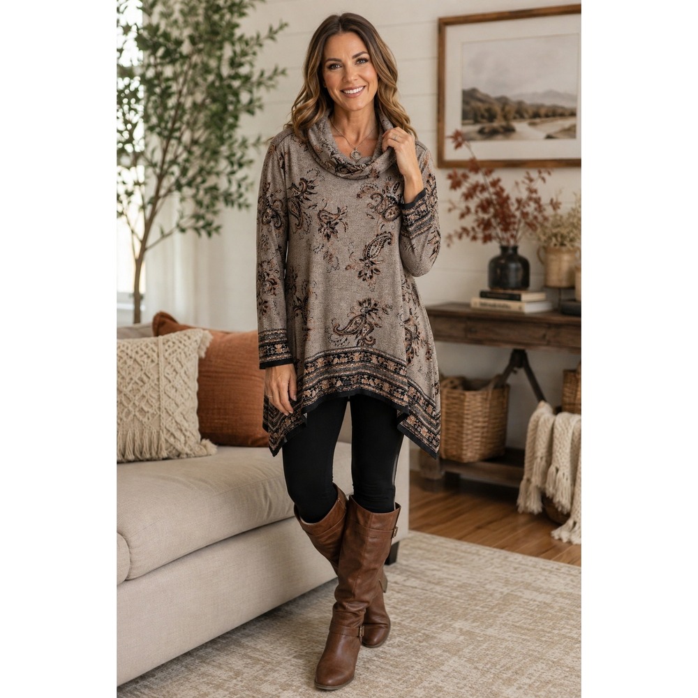 One World Cowl Neck Tunic XL Brown Paisley Sharkbite Hem Boho Knit Top